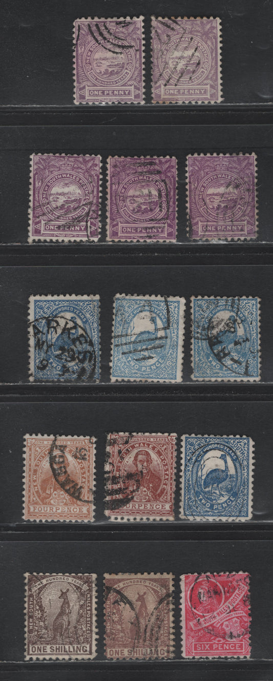 Lot 349 Australia - NSW SG#253,b,d, 254,e,ea,d 1d - 1/- Lilac - Purple Brown , 1888-1890 Centenary Issue, 14 Fine/Very Fine Used Singles, Inverted Crown & NSW Watermarks, Perfs 11x12, 12x11.5 & 12