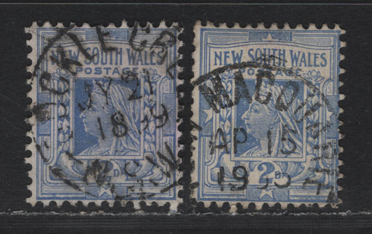 Lot 352A Australia - NSW SG#294a 2d Ultramarine - Deep Dull Blue , 1897-1899 Queen Victoria & Arms Definitive Issue, 2 Very Fine Used Singles, SON CDS Cancels, Including Scarce Cockle Creek (July 21 1899) And Port Macquarie (April 15 1905), Perf 12x11.5.