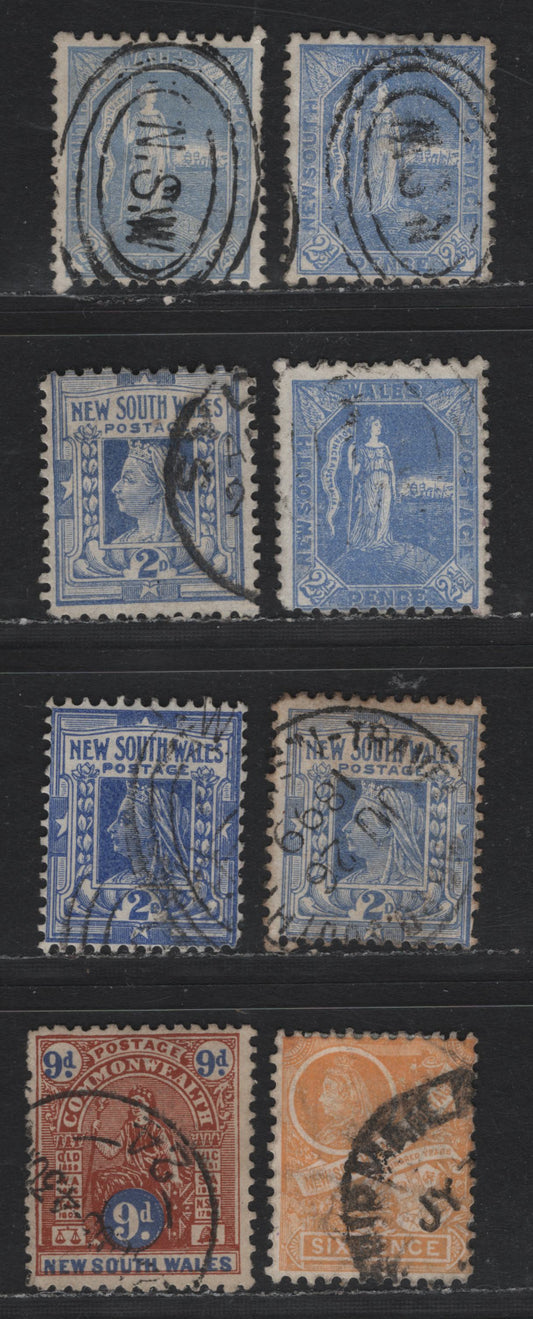 Lot 353 Australia - NSW SG#265, 294-294b, 306, 330 2.5d - 9d Ultramarine - Orange Brown & Ultramarine , 1890-1903 Allegory of Australia, Queen Victoria & Commonwealth Definitives, 8 Fine/Very Fine Used Singles, Inverted Wmks, Perfs 11x12, 12x11.5 & 12