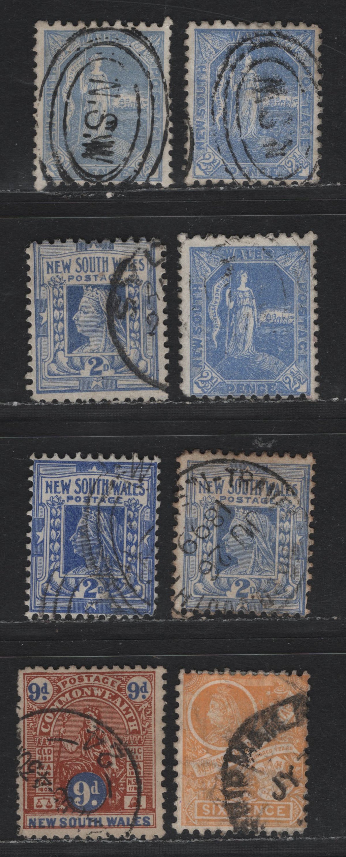 Lot 353 Australia - NSW SG#265, 294-294b, 306, 330 2.5d - 9d Ultramarine - Orange Brown & Ultramarine , 1890-1903 Allegory of Australia, Queen Victoria & Commonwealth Definitives, 8 Fine/Very Fine Used Singles, Inverted Wmks, Perfs 11x12, 12x11.5 & 12