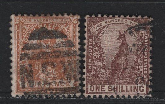 Lot 357 Australia - NSW SG#317, 325 4d - 1/- Orange Brown - Purple Brown , 1899 Centenary Reissues & Queen Victoria & Arms, 2 Fine/Very Fine Used Singles, Chalky Paper, Perf 12x11.5, Inverted Corwn over NSW Wmk, 1mm Gap.
