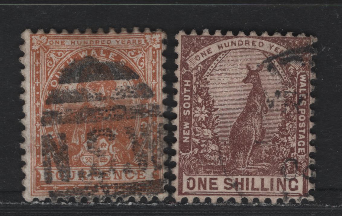 Lot 357 Australia - NSW SG#317, 325 4d - 1/- Orange Brown - Purple Brown , 1899 Centenary Reissues & Queen Victoria & Arms, 2 Fine/Very Fine Used Singles, Chalky Paper, Perf 12x11.5, Inverted Corwn over NSW Wmk, 1mm Gap.