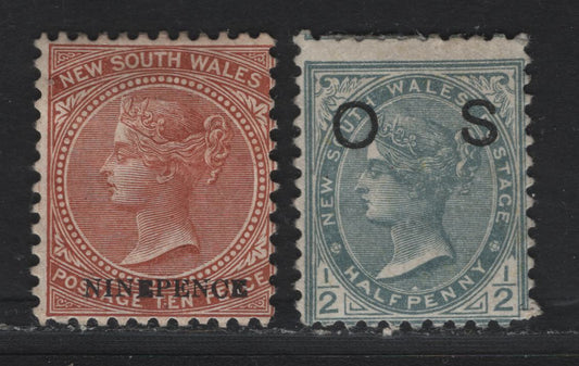 Lot 358 Australia - NSW SG#309, O58a 1/2d - 9d on 10d Gray - Red Brown , 1892-1899 Queen Victoria Sideface - Queen Victoria & Arms Issues, 2 Fine Used Singles, Overprinted OS, Perf 12x11.5, Chalky Paper