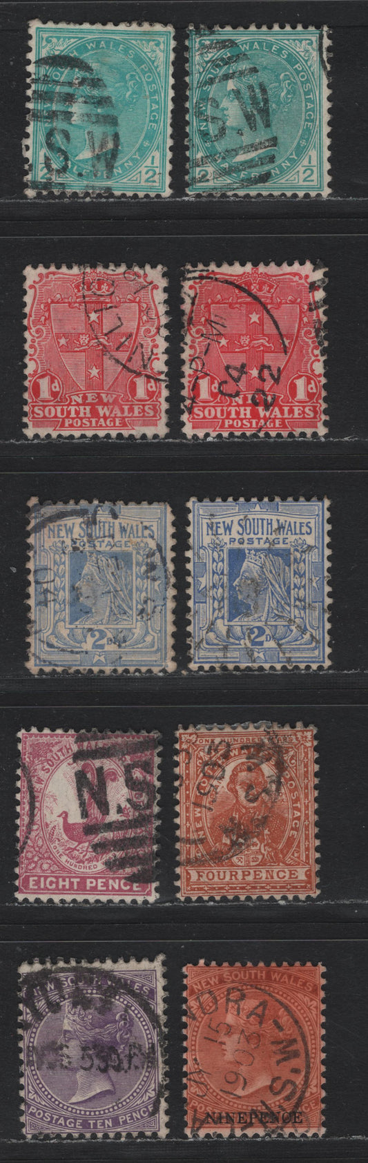 Lot 359 Australia - NSW SG#313-315, 317, 321-323 1/2d - 10d Blue Green -  Violet , 1902-1905 Queen Victoria, Centennial & Arm Reissues, 10 Fine/Very Fine Used Singles, Chalky Paper, Perf 12x11.5, Extra Shades.