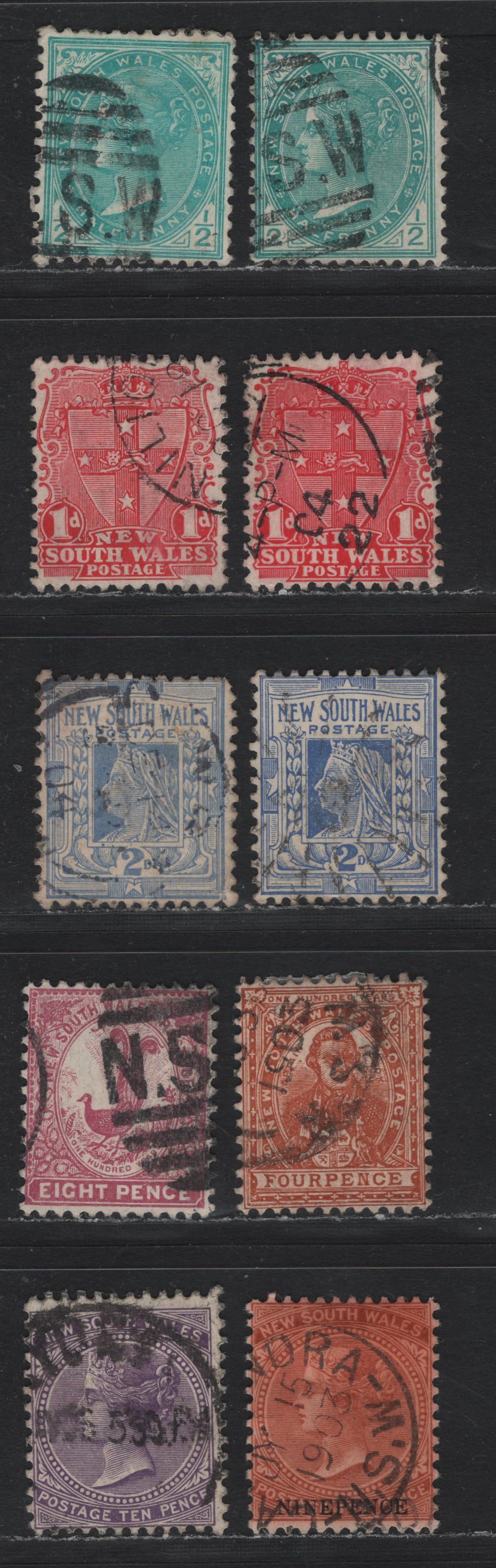 Lot 359 Australia - NSW SG#313-315, 317, 321-323 1/2d - 10d Blue Green -  Violet , 1902-1905 Queen Victoria, Centennial & Arm Reissues, 10 Fine/Very Fine Used Singles, Chalky Paper, Perf 12x11.5, Extra Shades.