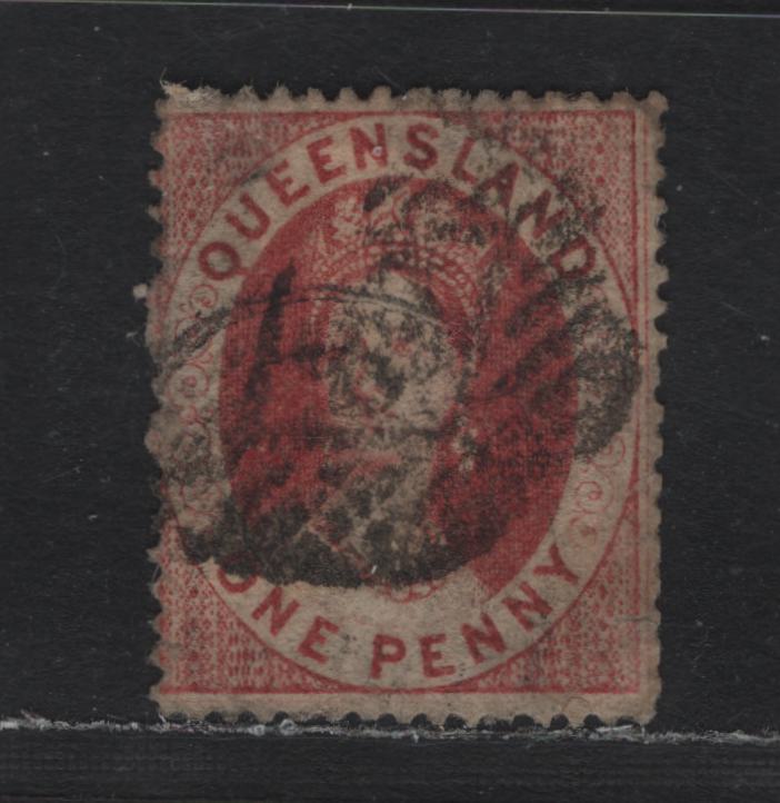 Lot 367 Australia - Queensland SG#12 1d Carmine Rose , 1860-1861 Chalon Heads Issue, A Very Good Used Single, Small Star Wmk, Clean Cut Perf 14, Smudgy Diamond Grid Numeral Cancel.
