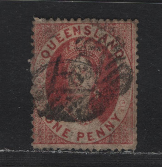 Lot 367 Australia - Queensland SG#12 1d Carmine Rose , 1860-1861 Chalon Heads Issue, A Very Good Used Single, Small Star Wmk, Clean Cut Perf 14, Smudgy Diamond Grid Numeral Cancel.