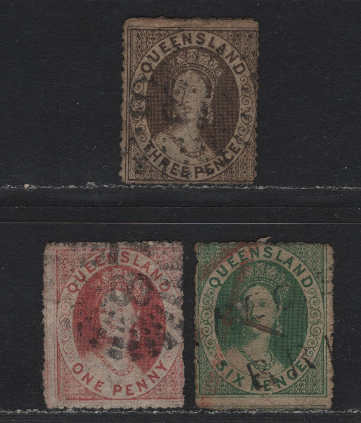 Lot 368 Australia - Queensland SG#14, 16-17 1d - 6d Carmine Rose - Deep Green , 1860-1861 Chalon Heads Issue, 3 Fair/Very Good/Fine Used Singles, Small Star Wmk, #87 & #133 Sunburst Cancels