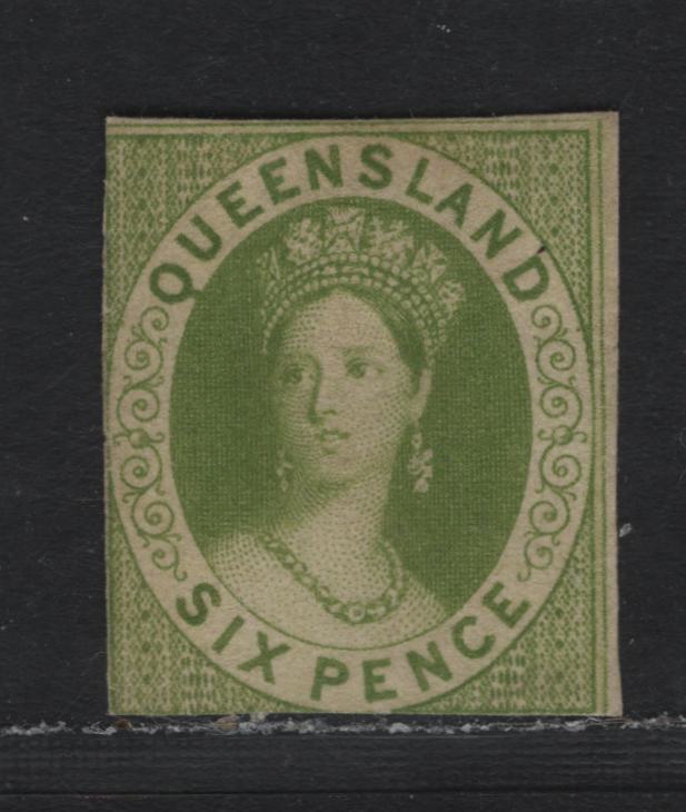 Lot 371 Australia - Queensland SG#26 6d Apple Green , 1862-1867 Chalon Heads Issue, An Ungraded Unused Single, Unwatermarked, Perfs Cut off On All Sides, Leaving Narrow Margins & Just Touching On The Other Side.