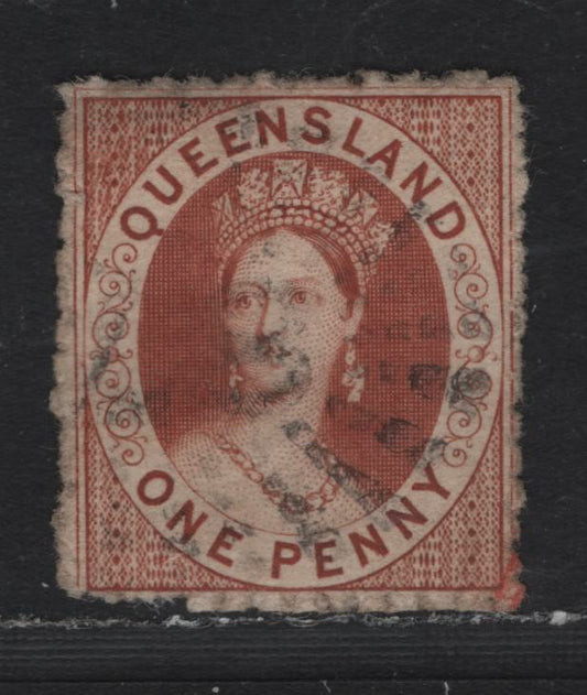 Lot 372 Australia - Queensland SG#21 1d Indian Red , 1862-1867 Chalon Heads Issue, A Very Fine Used Single, Unwatermarked, Rough Perf 13, Light, Clear #87 Sunburst Cancel For Ipswich.