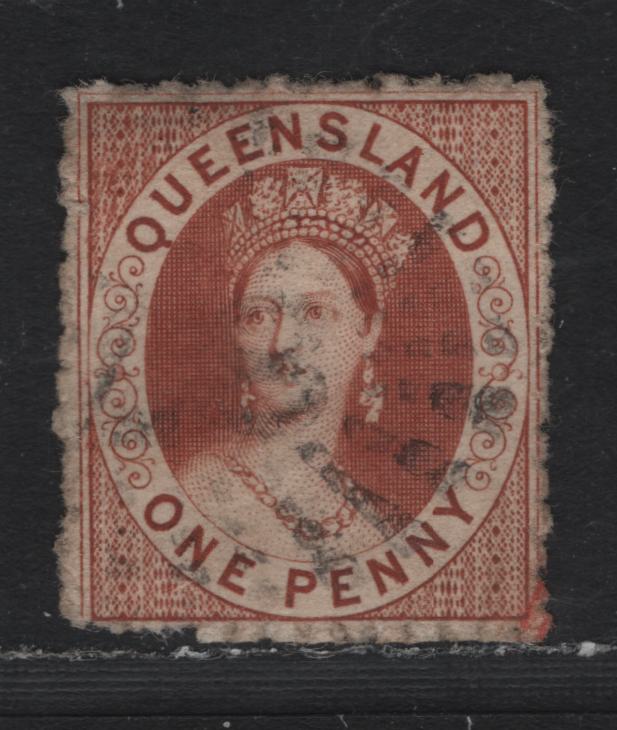 Lot 372 Australia - Queensland SG#21 1d Indian Red , 1862-1867 Chalon Heads Issue, A Very Fine Used Single, Unwatermarked, Rough Perf 13, Light, Clear #87 Sunburst Cancel For Ipswich.