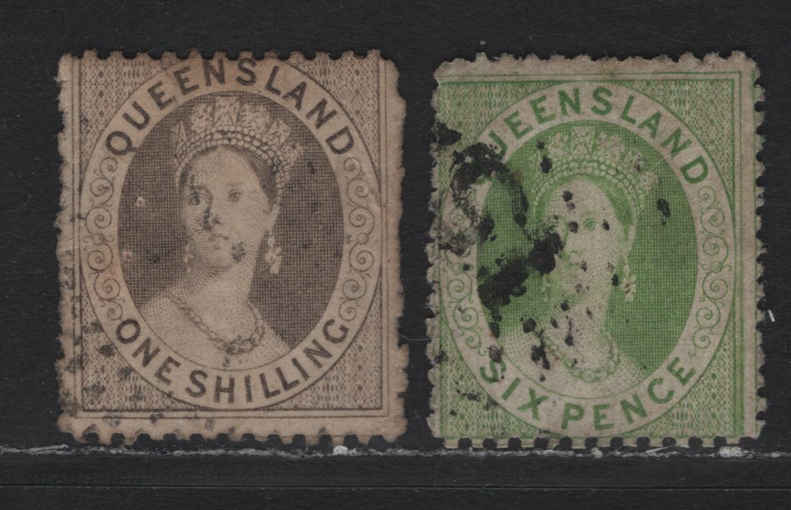 Lot 374 Australia - Queensland SG#34var, 36var 6d - 1/- Yellow Green - Gray , 1862-1867 Chalon Heads Issue, 2 Very Good/Fine Used Singles, Unwatermarked, Intermediate Perf 12.5x13, The 6d Having A #15 Sunburst Cancel For Maryborough.