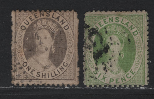 Lot 374 Australia - Queensland SG#34var, 36var 6d - 1/- Yellow Green - Gray , 1862-1867 Chalon Heads Issue, 2 Very Good/Fine Used Singles, Unwatermarked, Intermediate Perf 12.5x13, The 6d Having A #15 Sunburst Cancel For Maryborough.