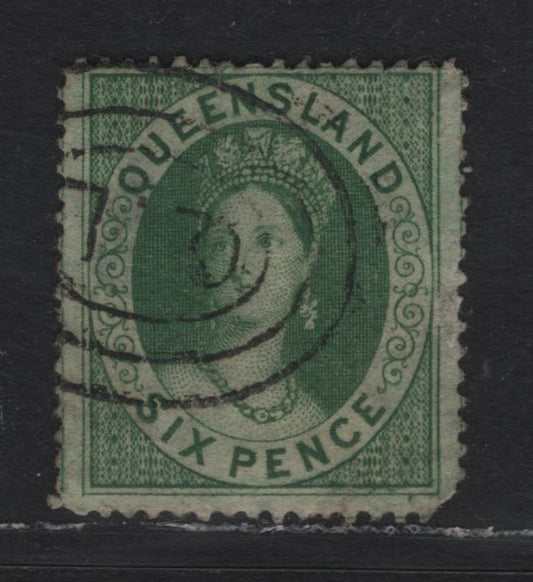 Lot 375 Australia - Queensland SG#9 6d - 1/- Green , 1860-1861 Chalon Heads Issue, A Very Good Used Single, Star Wmk, Clean Cut Perf 14-16, Rounded LR Corner & Shallow Thin On Back.