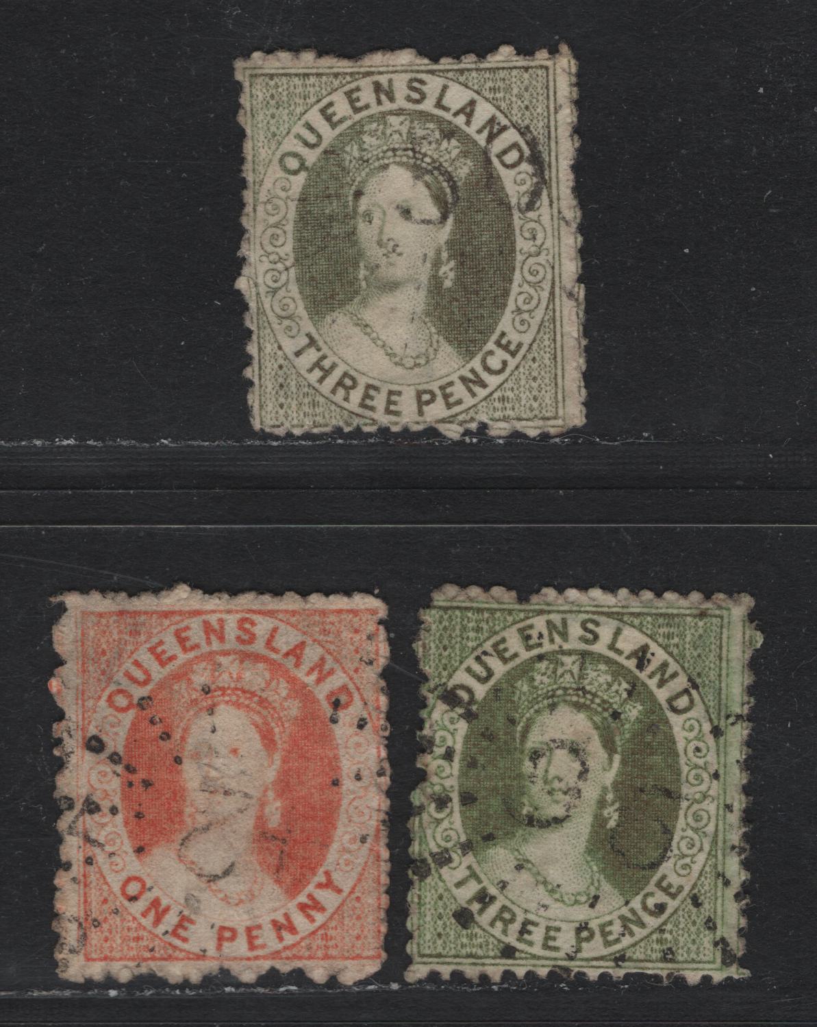 Lot 377 Australia - Queensland SG#59, 65-66 1d - 3d Orange Red - Greenish Gray , 1868-1874 Chalon Heads Issue, 3 Fine Used Singles, Perf 13, Small Truncated Star Wmk, #24 Gayndah, #96 Drayton & #50 Jerico Sunburst Cancels.