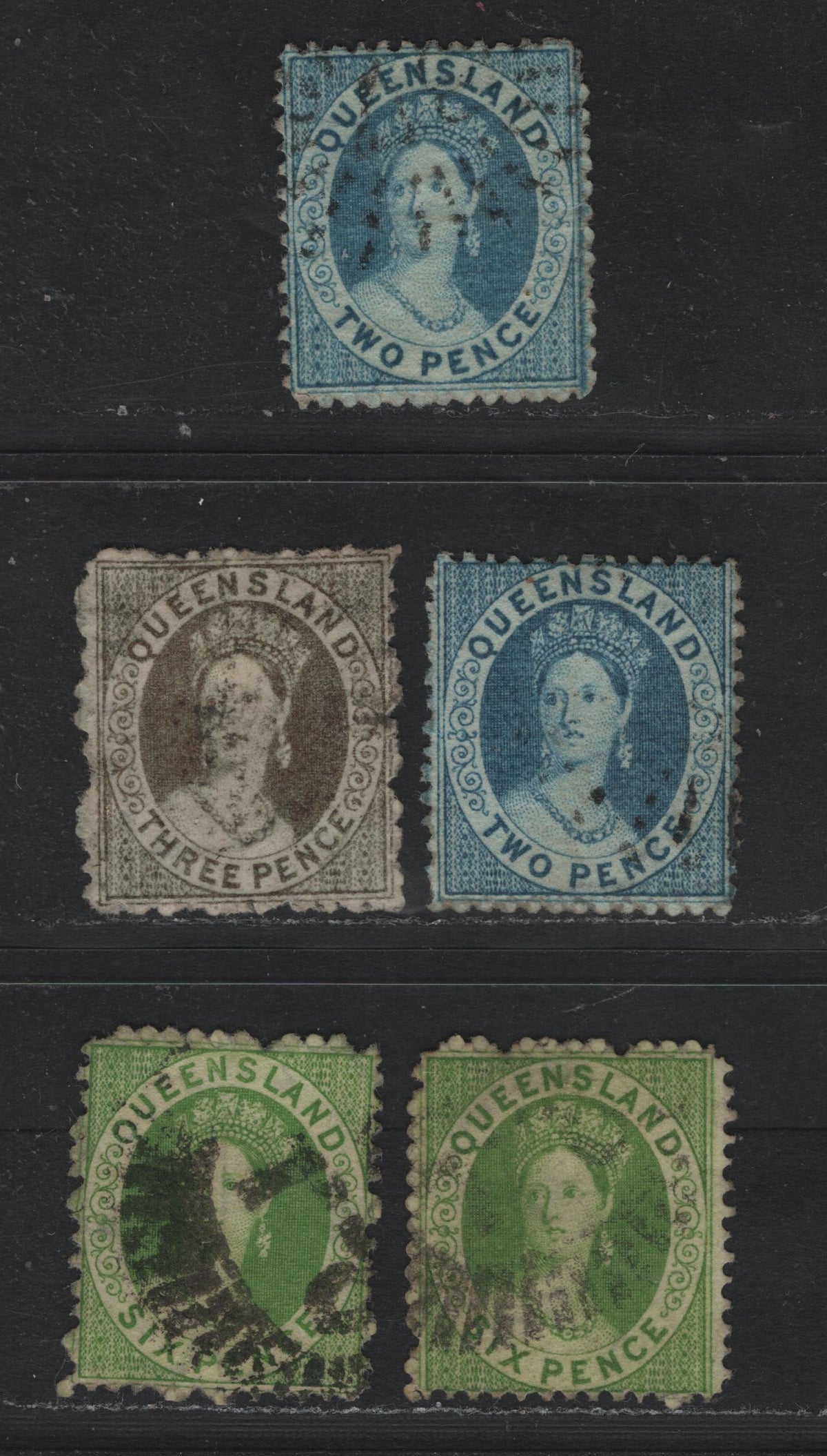 Lot 378 Australia - Queensland SG#61, 67-68 2d - 6d Blue - Yellow Green , 1868-1874 Chalon Heads Issue, 3 Fine/Very Fine Used Singles, Small Truncated Star & Similar With Letters From 'Queensland' Wmks, Letters Of Wmk Double Value Of Stamps