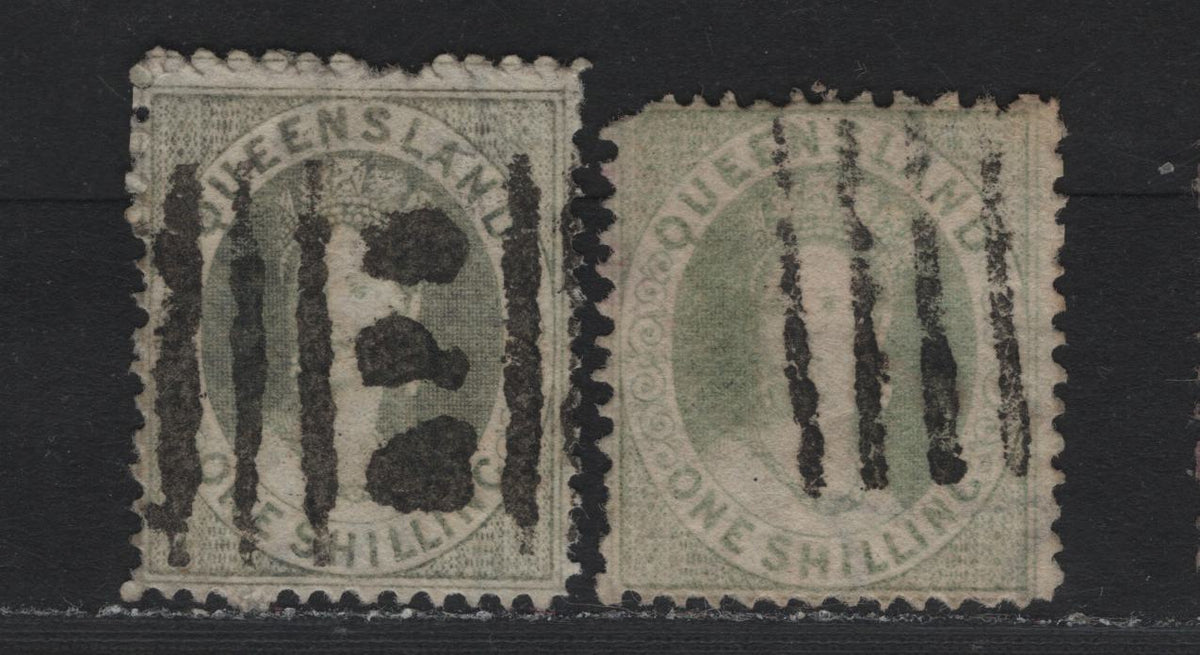 Lot 379 Australia - Queensland SG#71 1/- Greenish Gray , 1868-1874 Chalon Heads Issue, 2 Fine/Very Fine Used Singles, Broad Truncated Star Wmk, Perf 13, Scarce 4 Vertical Bar Cancel & 3 Letters, 3 Bars Duplex Cancel.