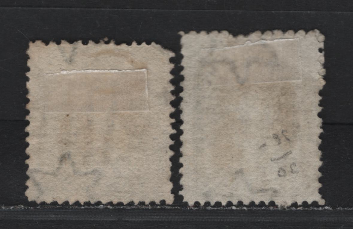 Lot 379 Australia - Queensland SG#71 1/- Greenish Gray , 1868-1874 Chalon Heads Issue, 2 Fine/Very Fine Used Singles, Broad Truncated Star Wmk, Perf 13, Scarce 4 Vertical Bar Cancel & 3 Letters, 3 Bars Duplex Cancel.