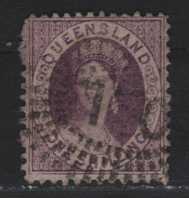 Lot 380 Australia - Queensland SG#79 1/- Mauve , 1868-1874 Chalon Heads Issue, A Fine Used Single, Small Truncated Star Wmk, Perf 12, QL Sunburst Cancel From Central Sorting Desk In Brisbane.
