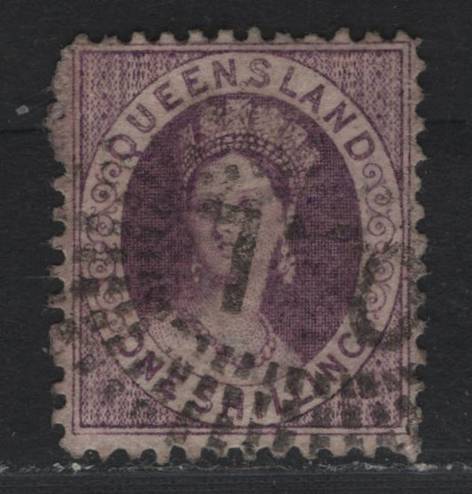Lot 380 Australia - Queensland SG#79 1/- Mauve , 1868-1874 Chalon Heads Issue, A Fine Used Single, Small Truncated Star Wmk, Perf 12, QL Sunburst Cancel From Central Sorting Desk In Brisbane.