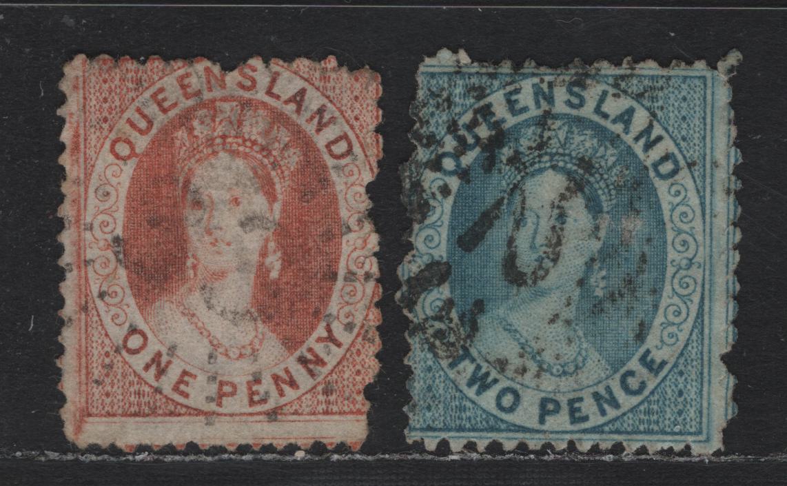 Lot 382 Australia - Queensland SG#83, 86 1d - 2d Orange Vermillion - Pale Blue , 1868-1874 Chalon Heads Issue, 2 Fine Used Singles, 2 Pointed Crown Over Q Wmk, Perf 13, #33 Condamine & #23 Taroom Sunburst Cancels