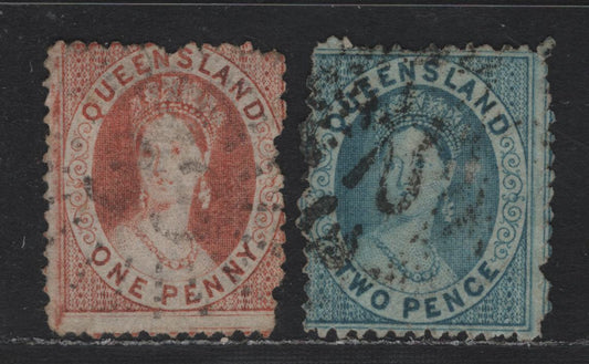 Lot 382 Australia - Queensland SG#83, 86 1d - 2d Orange Vermillion - Pale Blue , 1868-1874 Chalon Heads Issue, 2 Fine Used Singles, 2 Pointed Crown Over Q Wmk, Perf 13, #33 Condamine & #23 Taroom Sunburst Cancels