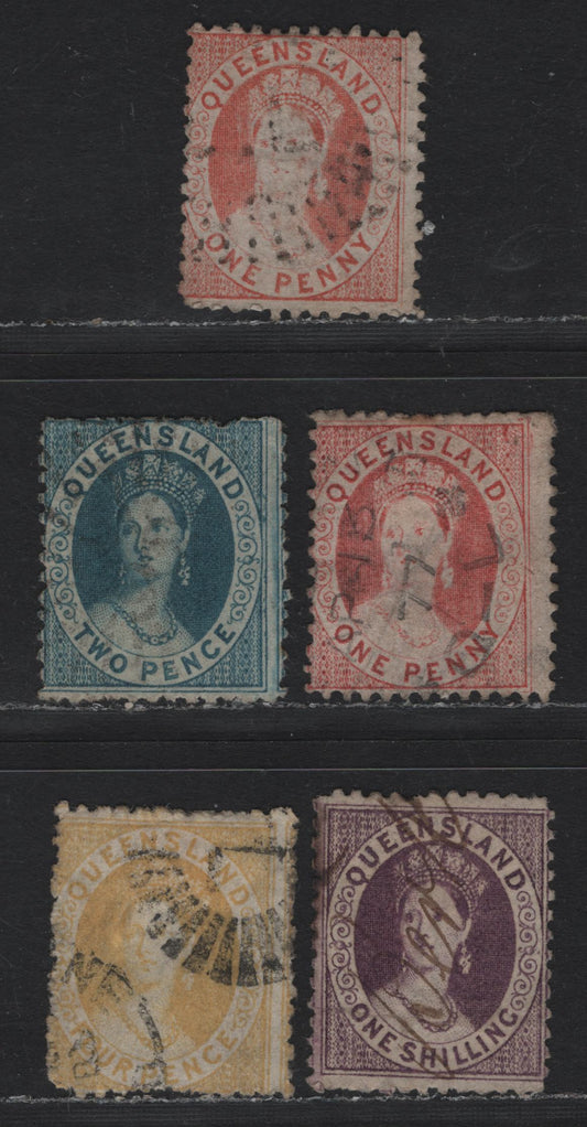 Lot 383 Australia - Queensland SG#95-96, 98, 103, 109 1d - 1/- Pale Orange Vermillion - Purple , 1868-1874 Chalon Heads Issue, 5 Good/Fine/Very Fine Used Singles, 2d Is Plate 2, 2 Pointed Crown Over Q Wmk, Perf 12.