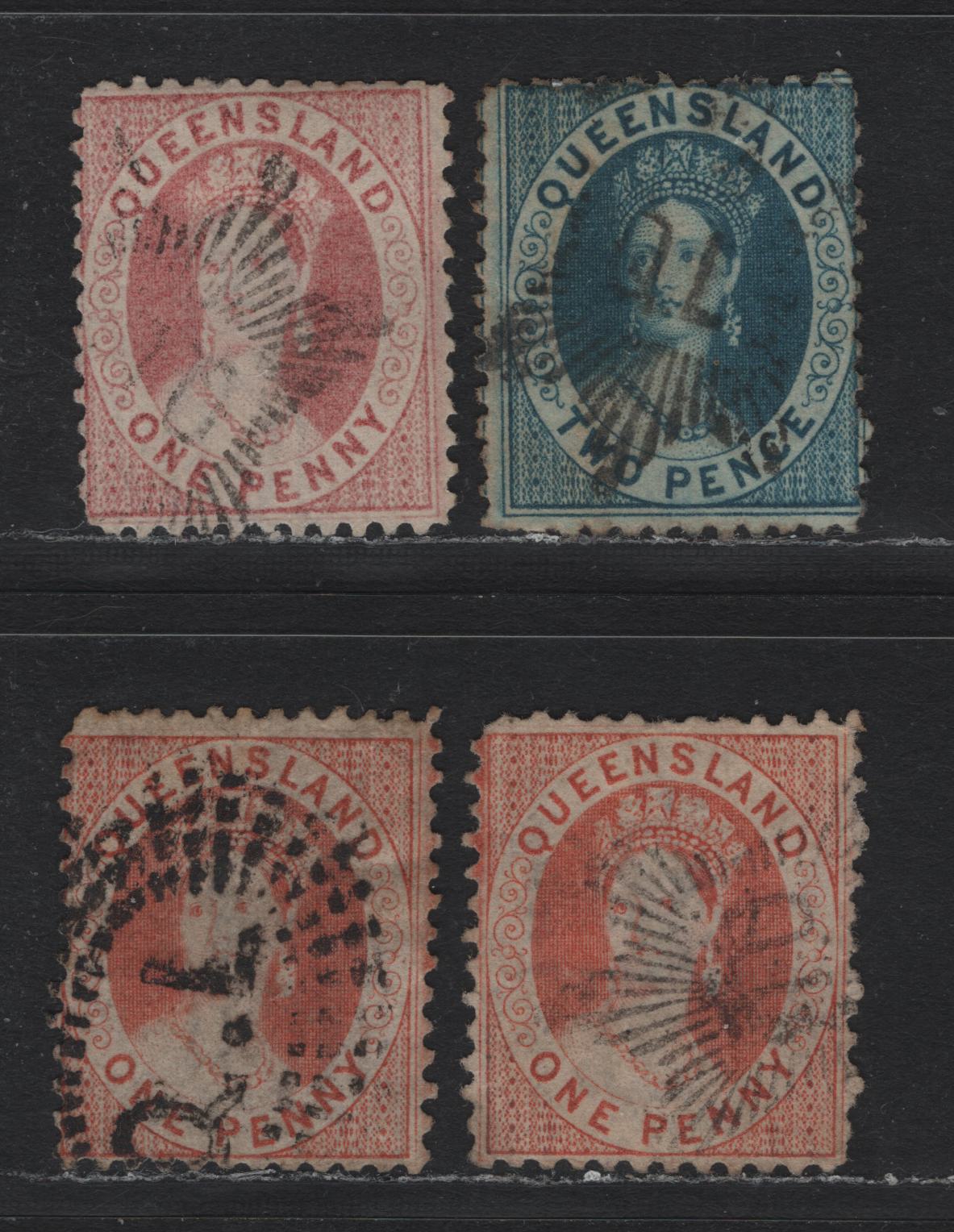 Lot 385 Australia - Queensland SG#95-96, 99 1d - 2d Pale Orange Vermillion - Bright Blue , 1868-1874 Chalon Heads Issue, 3 Fine/Very Fine used Singles, 2d Plate 2, Perf 12, 2 Pointed Crown Over Q Wmk. QL Sunburst & Late Fee Cancels.