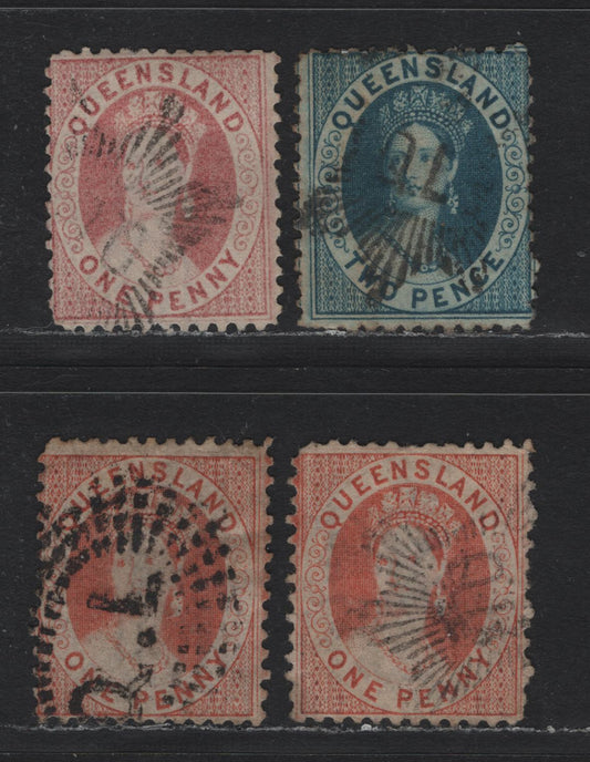 Lot 385 Australia - Queensland SG#95-96, 99 1d - 2d Pale Orange Vermillion - Bright Blue , 1868-1874 Chalon Heads Issue, 3 Fine/Very Fine used Singles, 2d Plate 2, Perf 12, 2 Pointed Crown Over Q Wmk. QL Sunburst & Late Fee Cancels.