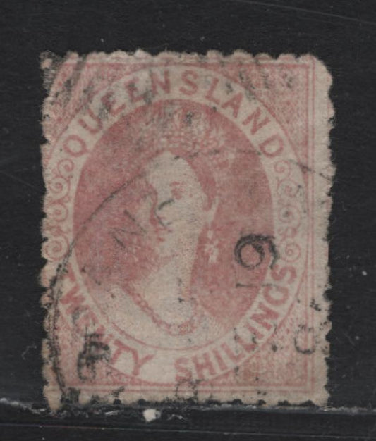 Lot 387 Australia - Queensland SG#127 20/- Rose , 1880 Lithographed Chalon Heads Issue, A Fine Used Single, Three Pointed Crown Over Q Wmk, Lithographed, Postal Cancel.