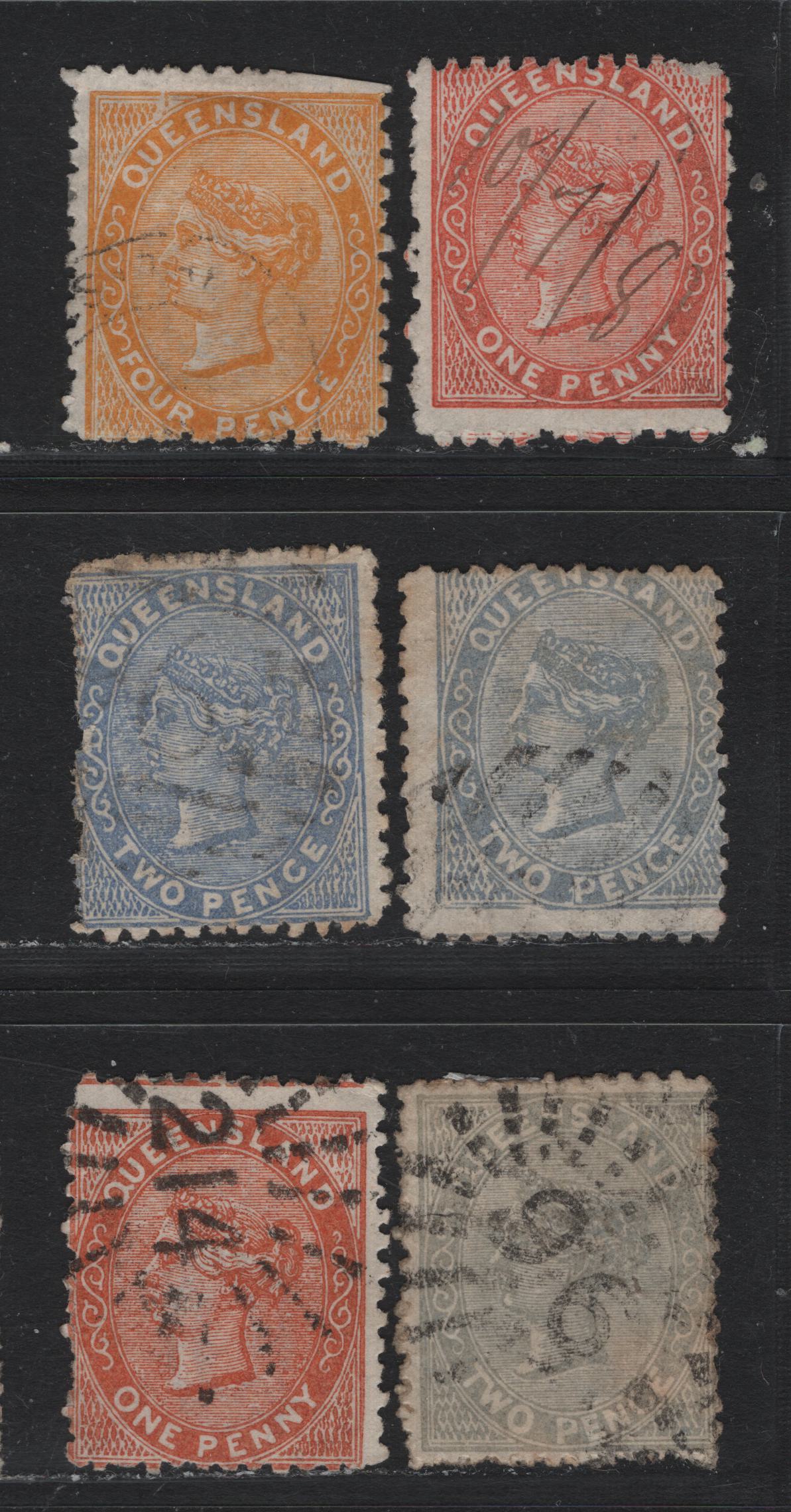 Lot 388 Australia - Queensland SG#134a, 135a, 137, 138c, 141 1c - 4d Reddish Brown - Yellow , 1879-1881 First Sideface Issue, 5 Good/Very Good Used Singles, Dies 1 & 2, 3 Pointed Crown Over Q Wmk, #96 Sunburst Cancel For Drayton & #214 Toowomba.