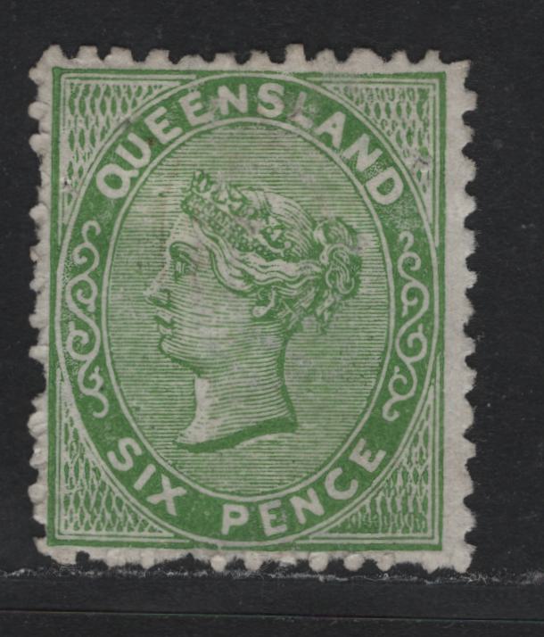 Lot 390 Australia - Queensland SG#143 6d Yellow Green , 1879-1881 First Sideface Issue, A Fine Unused Single, 3 Pointed Crown Over Q Wmk, Perf 12