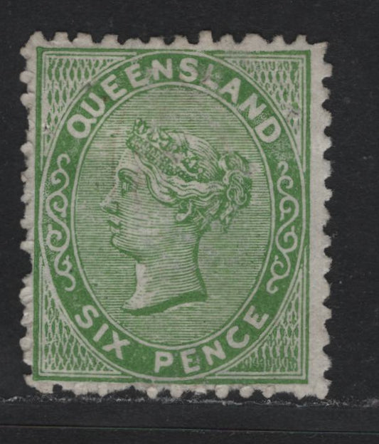 Lot 390 Australia - Queensland SG#143 6d Yellow Green , 1879-1881 First Sideface Issue, A Fine Unused Single, 3 Pointed Crown Over Q Wmk, Perf 12