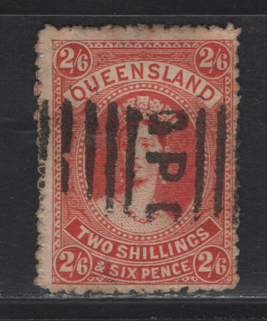 Lot 394 Australia - Queensland SG#158 2/6d Vermillion , 1879-1881 First Sideface Issue, A Fine Used Single, Thick Paper, Large Crown Over Q Wmk, GPO Cancel Within 5 Horizontal Bars.