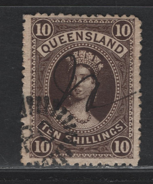 Lot 395 Australia - Queensland SG#160 10/- Dark Brown , 1879-1881 First Sideface Issue, A Very Fine Used Single, Thick Paper, Large Crown Over Q Wmk, Dual Pen Cancel On top Of A GPO Sunburst Cancel.
