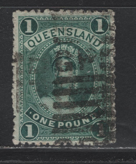 Lot 396 Australia - Queensland SG#161 £1 Deep Blue Green , 1879-1881 First Sideface Issue, A Very Fine Used Single, Thick Paper, GPO Killer Within 5 Horizontal Bars Cancel