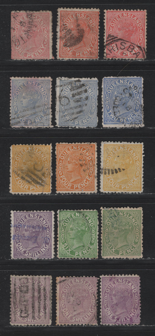 Lot 398 Australia - Queensland SG#166-173 1d - 1/- Pale Vermillion Red - Deep Mauve , 1890-1895 2nd Sideface Issue,  Fine/Very Fine Used Singles, 3 Pointed Crown Over Q Wmk, Perf 12, Unlisted Shades of All Values, Scarce GPO Within 5 Horiz. Bars on 1/-.