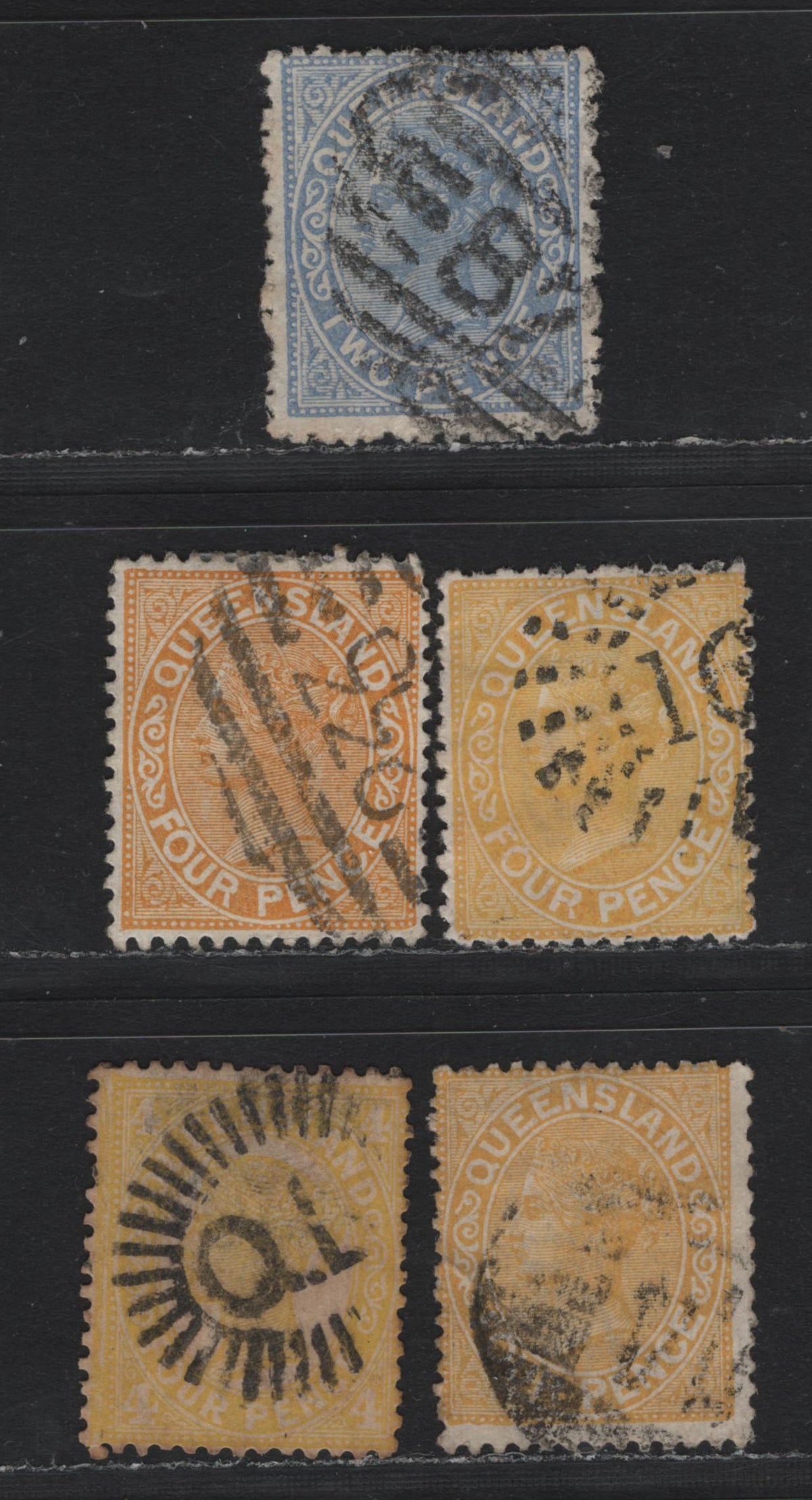 Lot 399 Australia - Queensland SG#168-169 2d - 4d Blue - Pale Yellow , 1890-1895 Second Sideface Issue,  Fine/Very Fine Used Singles, #16 Maryborough, QL Sunburst, 74 Barred Numeral Blackall, 233 Barred Numeral St George & 87 Barred Numeral Ipswich