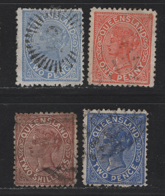 Lot 400 Australia - Queensland SG#179, 180,var, 182 1d - 2/- Vermillion Red - Pale Brown , 1887-1889 Re-Engraved Second Sideface Issue,  Good/Very Fine used Singles, Perf 12, The 2/- Has A Horizontal Crease & A Pulled Perf