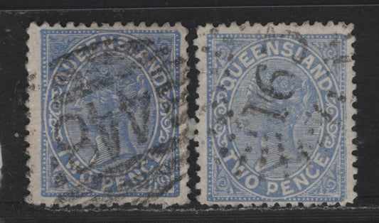 Lot 401 Australia - Queensland SG#180 2d Blue , 1887-1889 Re-Engraved Second Sideface Issue, 2 Fine/Very Fine Used Single, Perf 12, 163 Stanthorpe & 448 Durundur Numeral Cancels