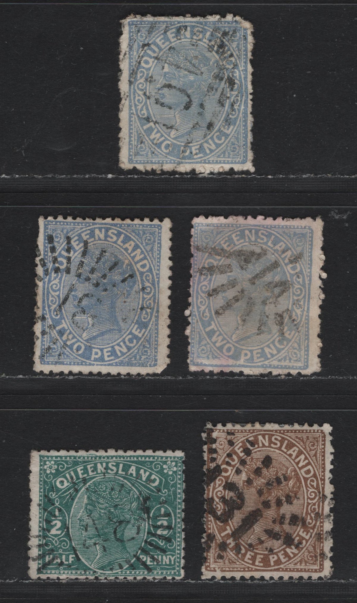 Lot 404 Australia - Queensland SG#185/192 2d - 3d Dull Blue - Brown , 1890 Re-Engraved Second Sideface Issue,  Very Good/Fine Used Singles, Includes #81 Warwick, 131 Gladstone, 491 Montalbion, 148 Thursday Island - William Hooper & 214 Toowoomba