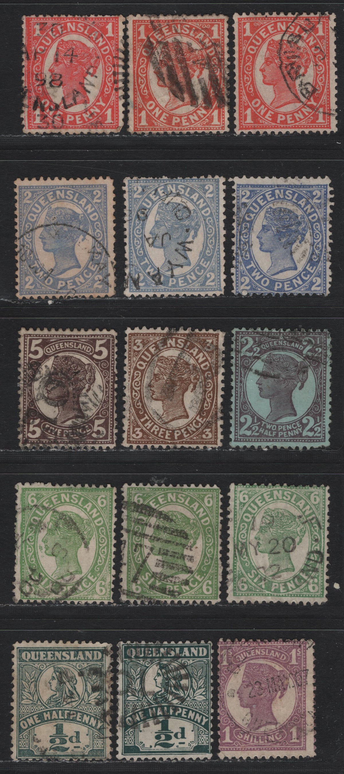 Lot 410 Australia - Queensland SG#232-235, 237, 240, 246, 249-251, 262-a 1/2d - 18- Deep Green - Pale Mauve , 1897-1908 4th Sideface Issue,  Fine/Very Fine Used Singles, Crown Over Q Wmk, Comb Perf 12.5-13, Additional Shades of 1d, 2d & 6d.