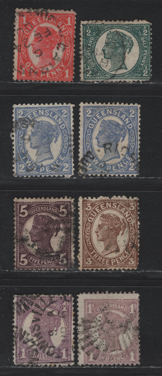 Lot 411 Australia - Queensland SG#231, 233-234, 240, 246, 251-252 1/2d - 1/- Deep Green - Pale Mauve , 1897-1908 4th Sideface Issue,  Fine/Very Fine Used Singles, Line & Comb Perfs 12.5 & 13