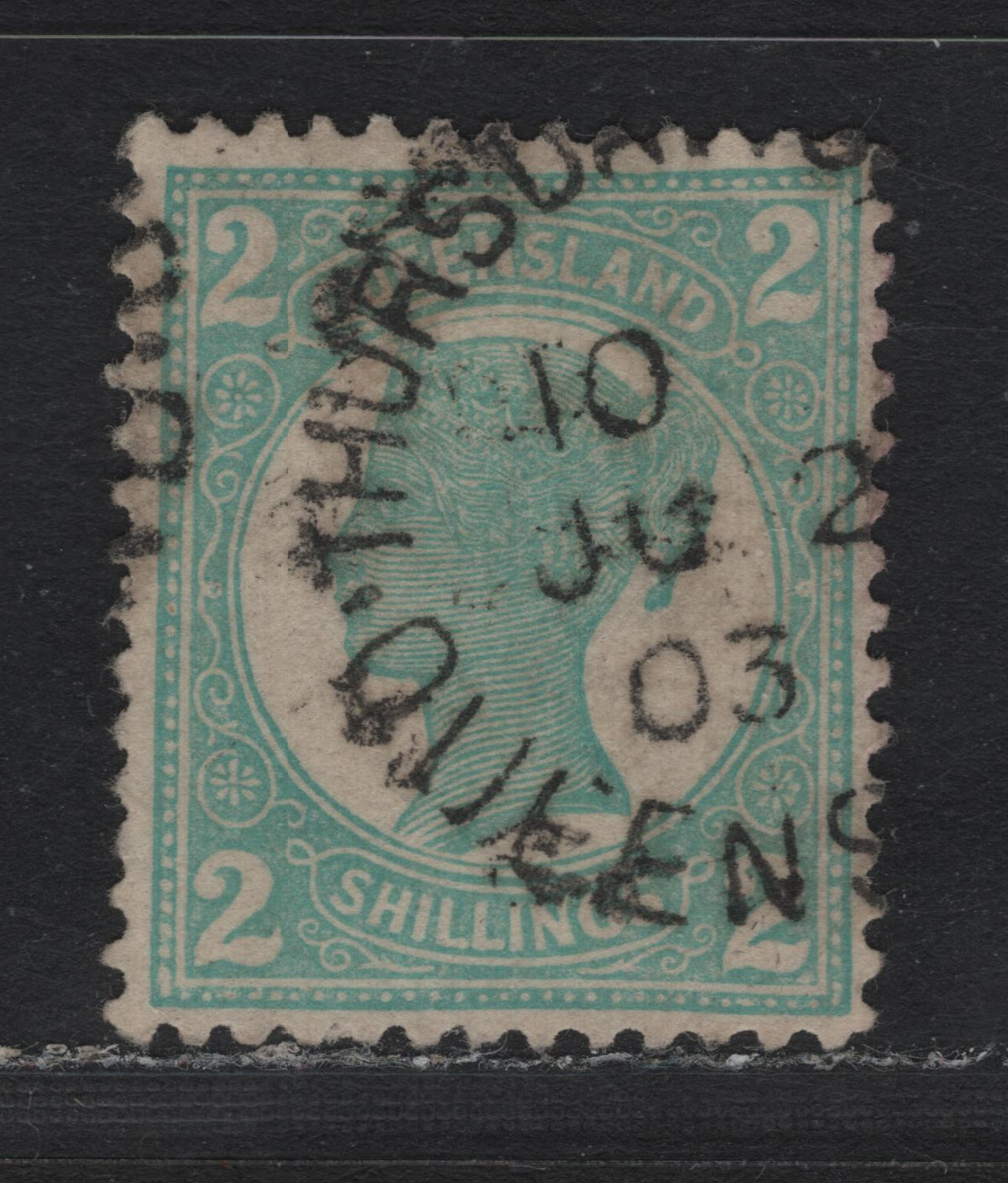 Lot 412 Australia - Queensland SG#254 2/- Turquoise Green , 1897-1908 4th Sideface Issue, A Very Fine Used Single, Comb Perf 12.5-13, Crown Over Q Wmk, Large Part Strike Of June 2 1903 Thursday Island Split Ring Cancel.