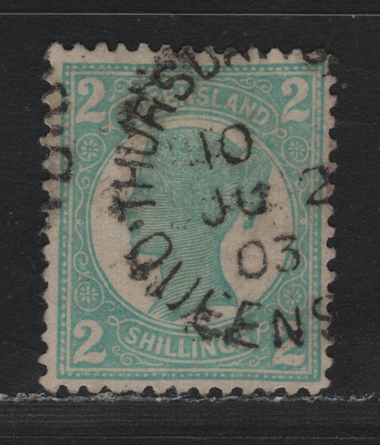 Lot 412 Australia - Queensland SG#254 2/- Turquoise Green , 1897-1908 4th Sideface Issue, A Very Fine Used Single, Comb Perf 12.5-13, Crown Over Q Wmk, Large Part Strike Of June 2 1903 Thursday Island Split Ring Cancel.