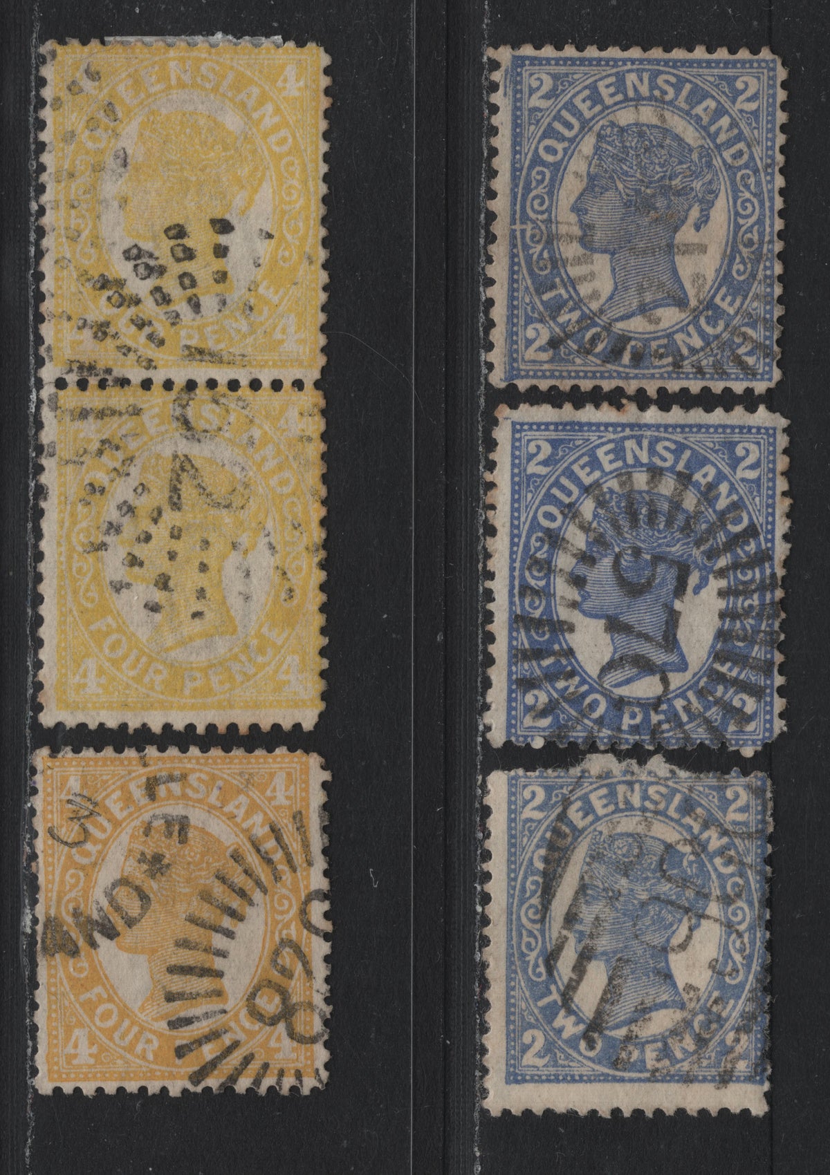 Lot 415 Australia - Queensland SG#234, 244-a 2d - 4d Blue - Orange Yellow , 1897-1908 4th Sideface Issue,  Fine/Very Fine Used Singles, Die 2, Crown Over Q Wmk, Comb Perf 12.5-13. #1056, 828, 215, 570 & 152.