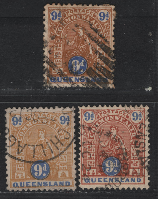Lot 417 Australia - Queensland SG#265-266, 284 9d Brown & Ultramarine - Yellow Brown & Ultramarine , 1903-1910 Commonwealth Design Issue,  Fine/Very Fine Used Singles, Types A & B V Over Crown & Crown Over A Inverted Wmks