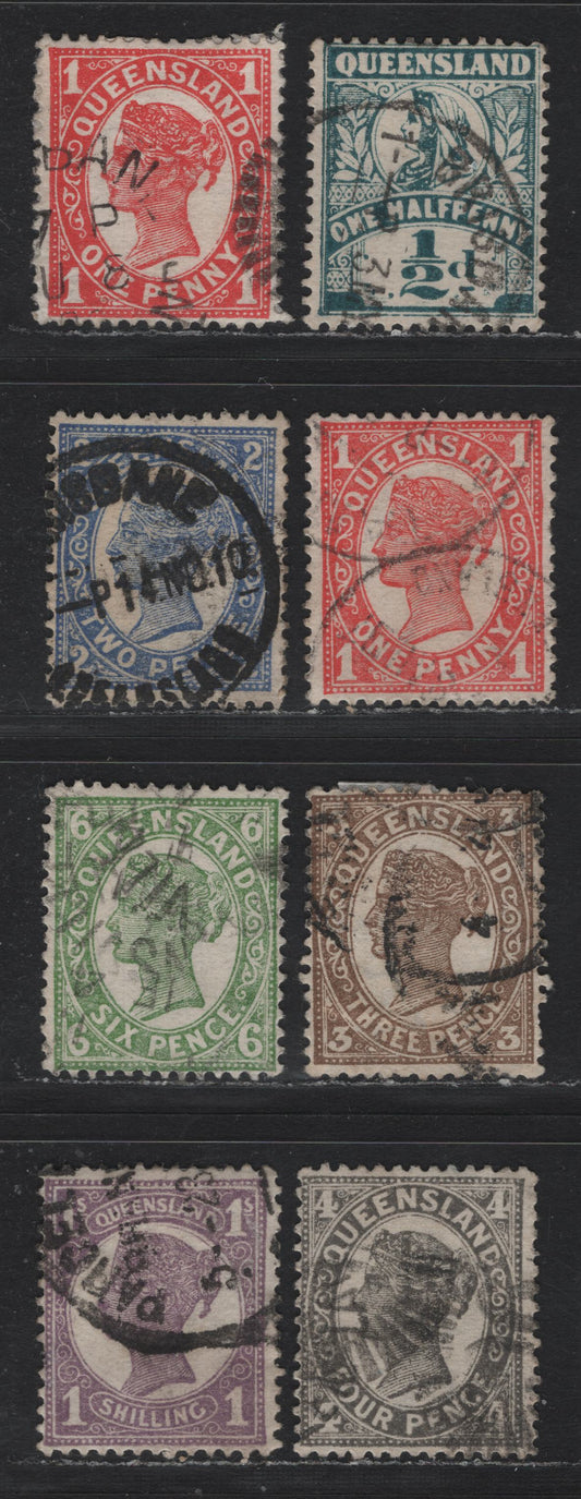 Lot 419 Australia - Queensland SG#287-288, 290, 292, 294, 297, 299 1/2d - 1/- Deep Blue Green - Bright Mauve , 1902-1911 4th Sideface Issue, 8 Very Good/Fine/Very Fine Used Singles, 4d Die 1, Crown Over A Wmk, Comb Perf 12.5-13.