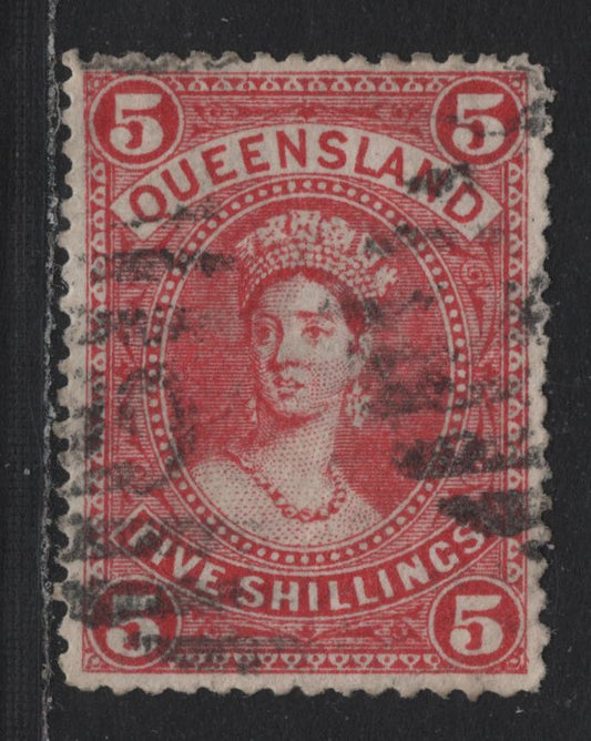 Lot 421 Australia - Queensland SG#310 5/- Rose , 1907-1911 Lithographed Chalon Head Issue, A Fine Used Single, Lithographed, Line Perf 12.5-13, GPO Cancel In 5 Horiz. From The Sorting Desk In Brisbane, Well Centered, Couple Of Light Internal Wrinkles.