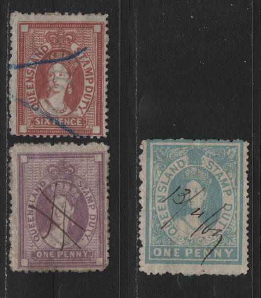 Lot 422 Australia - Queensland SG#F9, F16-F17 1d - 6d Light Blue - Red Brown , 1866-1872 Postal Fiscal Issue, 3 Fine Used Singles, Crown Over Q Wmk, Fiscal Cancels